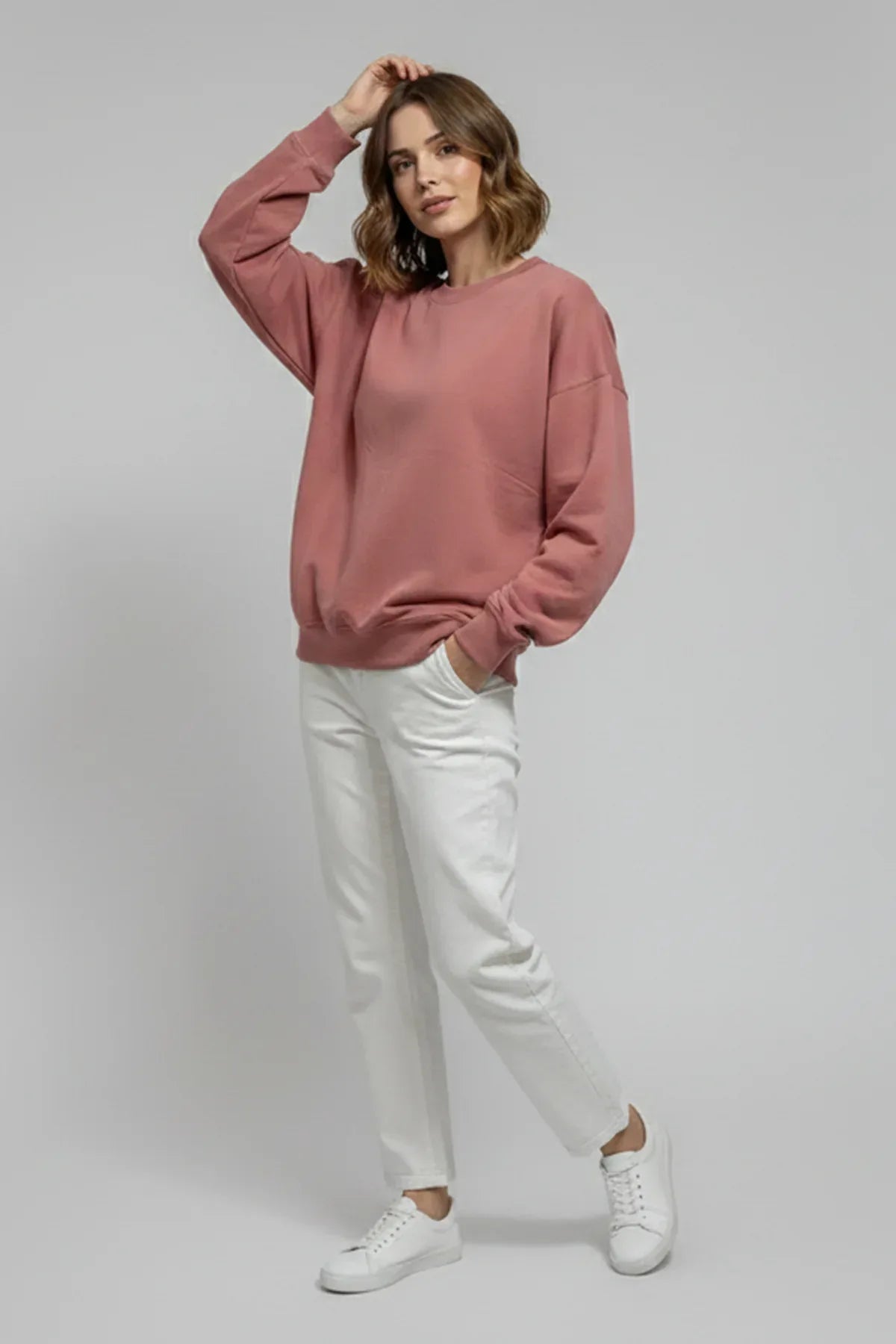 Crew Neck Sweatshirt For Women - Ash Rose