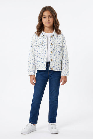 White Floral Print Denim Jacket for Girls