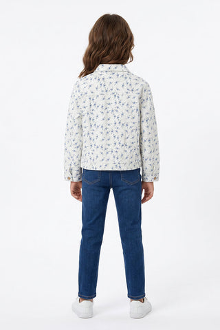 White Floral Print Denim Jacket for Girls