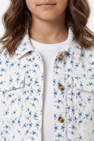 White Floral Print Denim Jacket for Girls