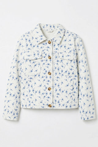 White Floral Print Denim Jacket for Girls
