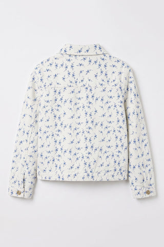 White Floral Print Denim Jacket for Girls