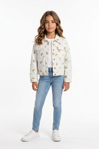 White Floral Print Utility Jacket for Girls