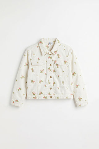 White Floral Print Utility Jacket for Girls