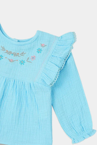 Embroidered Blouse for Baby Girl - Columbia Blue