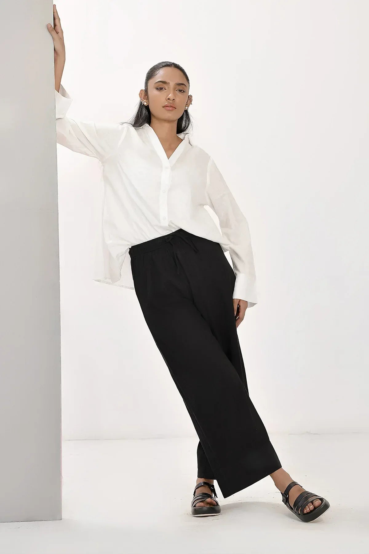 Wide Leg Solid Trouser For Women - Black - Intermix - MEME