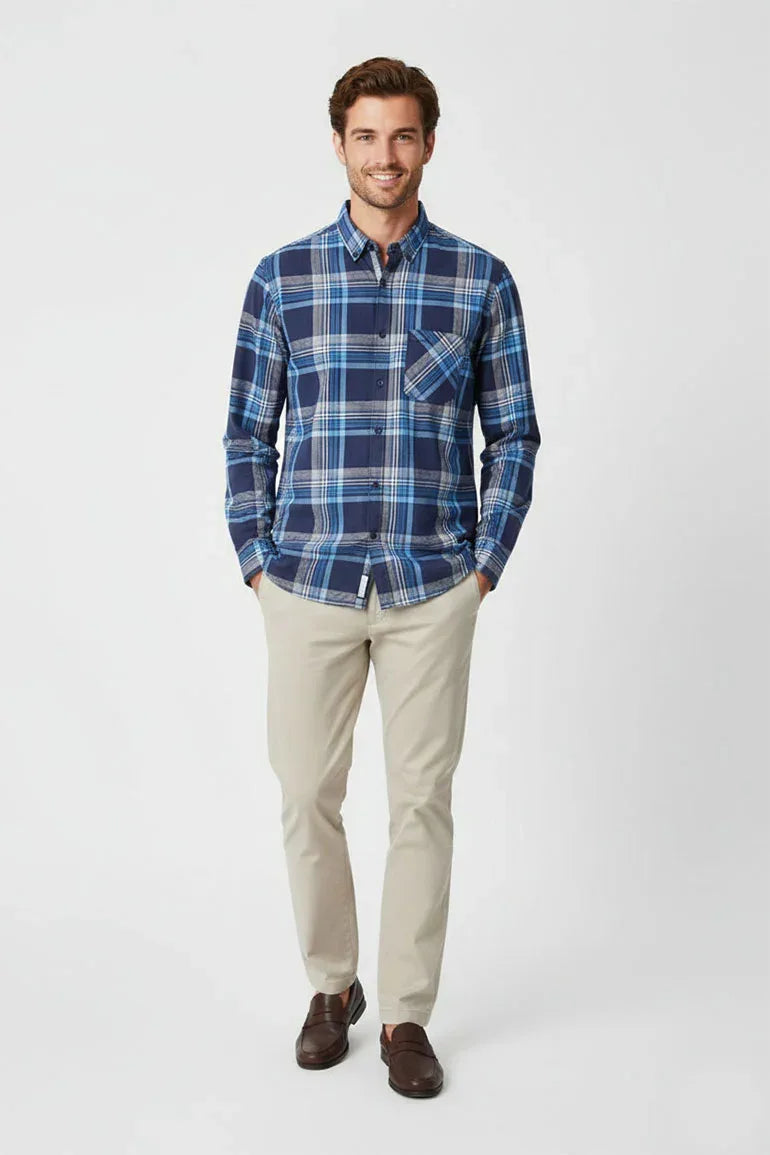 Check Button Down Shirt For Men - Navy Check - MEME