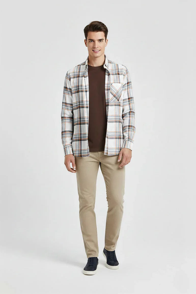 Check Button Down Shirt For Men - White - MEME
