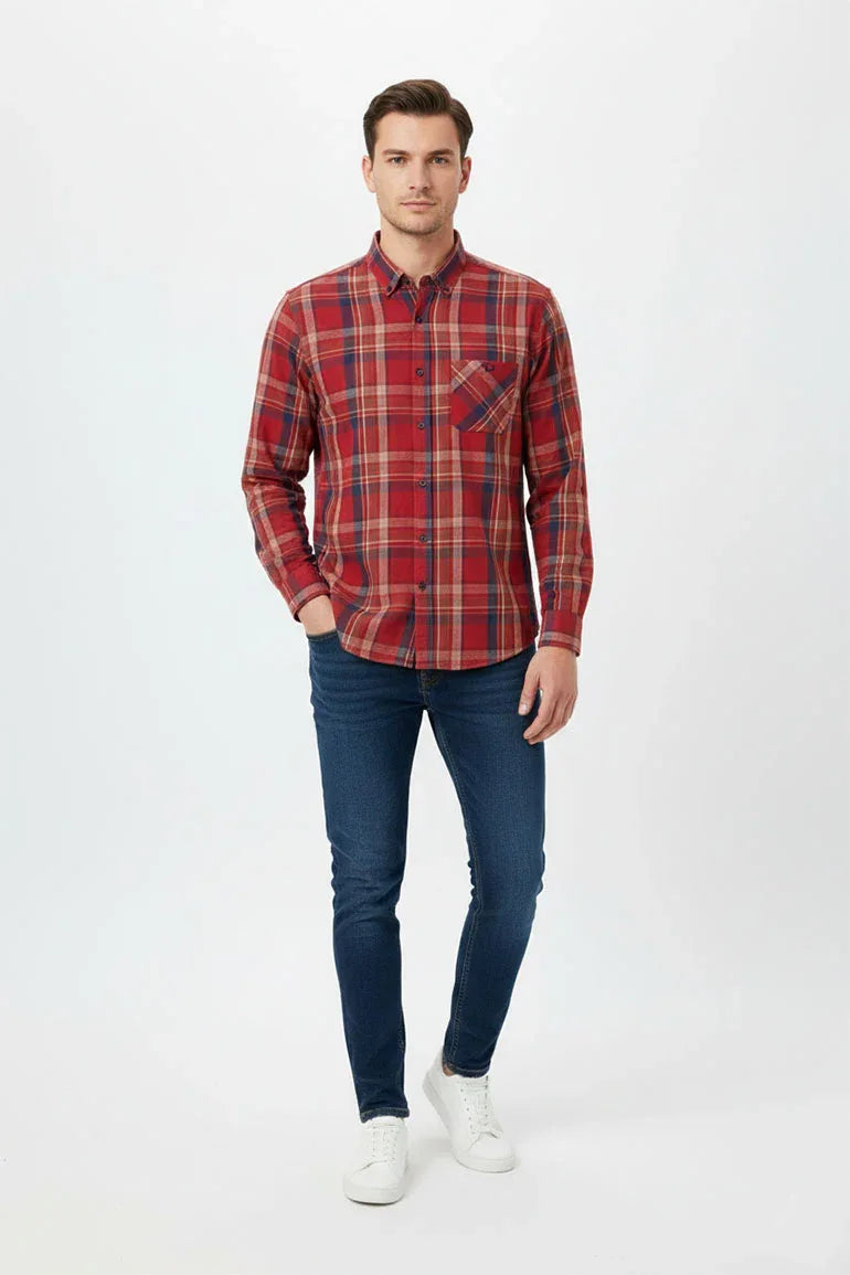 Check Button Down Shirt For Men - Red - MEME