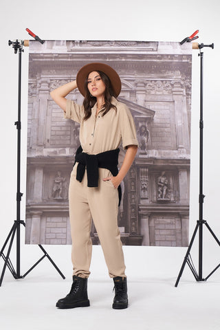 Solid Jumpsuit For Women - Beige