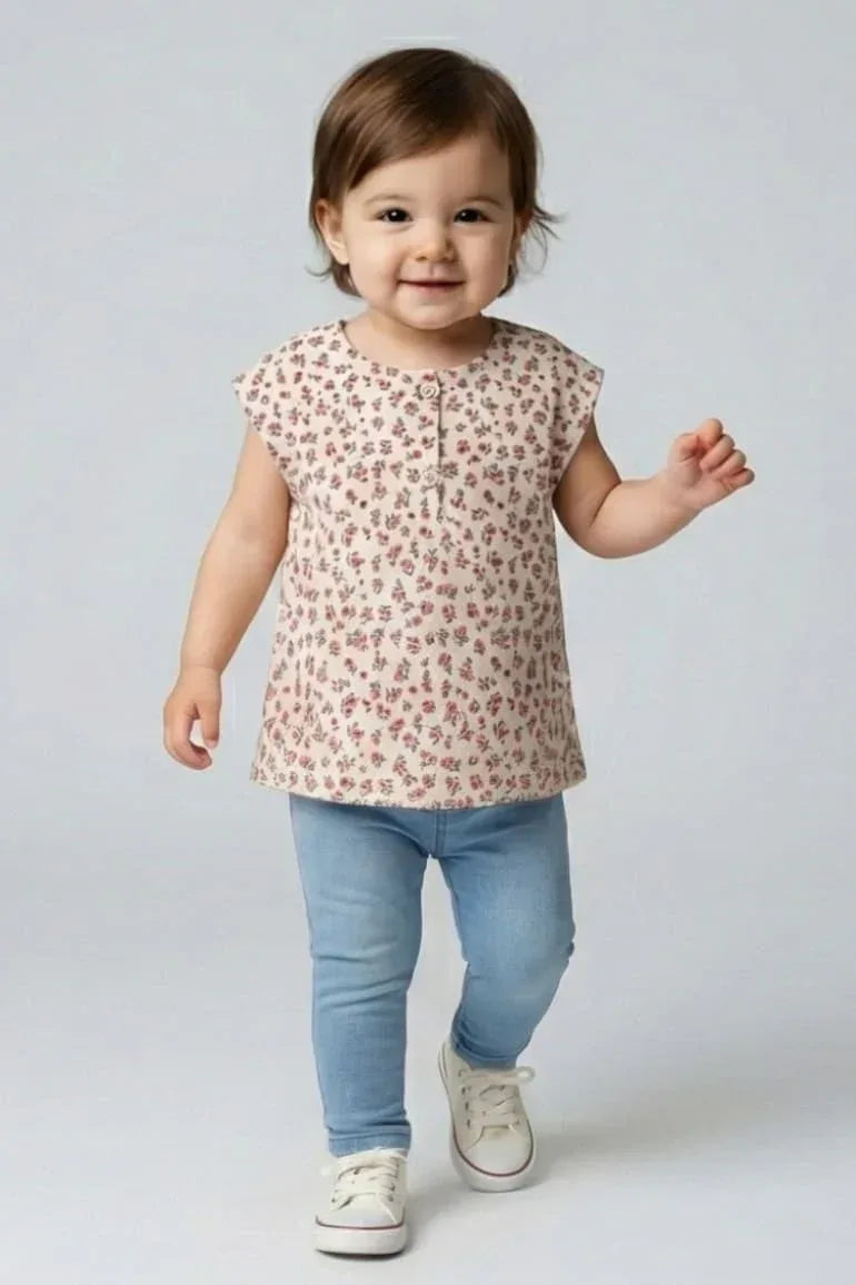 Floral Printed Cap Sleeve For Baby Girl