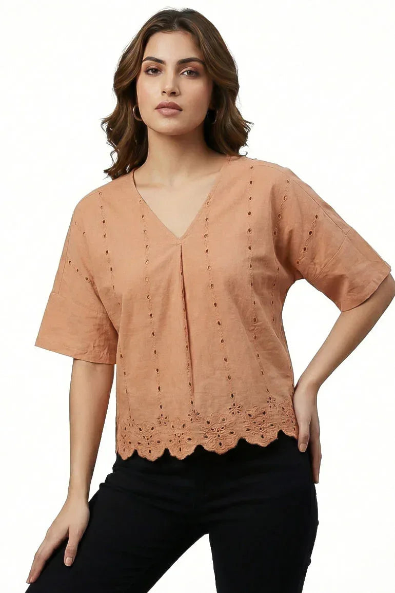 V-Neck Eyelet Top For Women