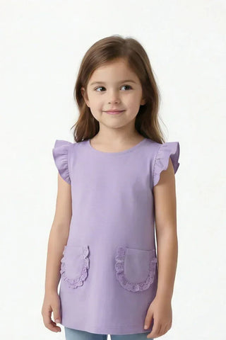 Flutter-Sleeve Ruffle Pocket Tunic For Baby Girl