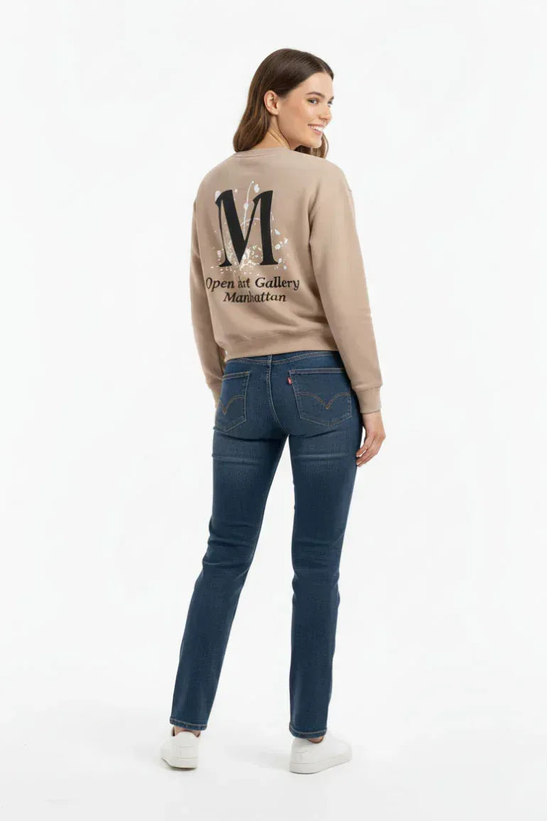 Minimal Logo Crewneck Sweatshirt for Women - Beige - MEME