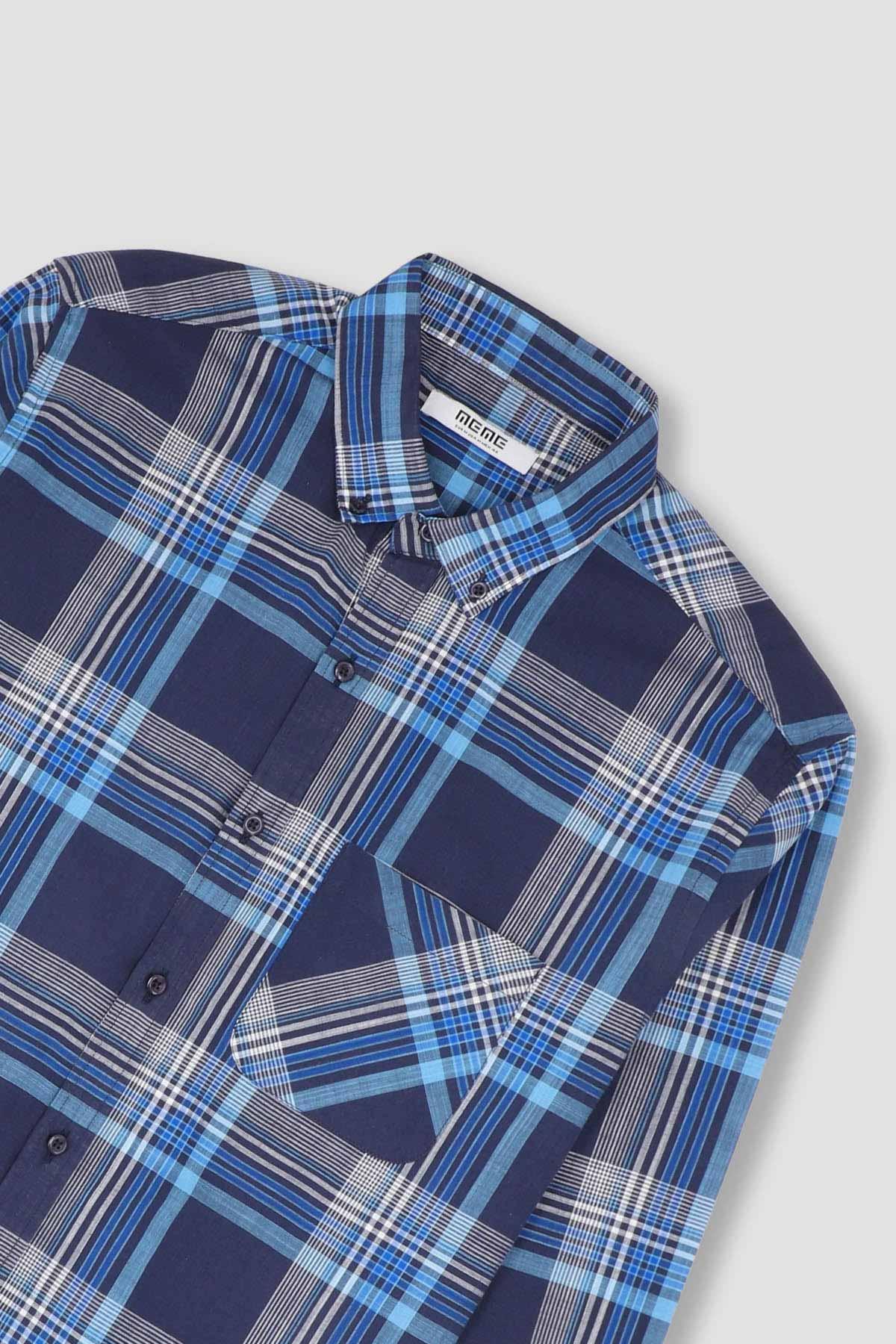 Check Button Down Shirt For Men - Navy Check - MEME