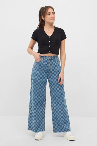 Checkerboard Wide Leg Jeans