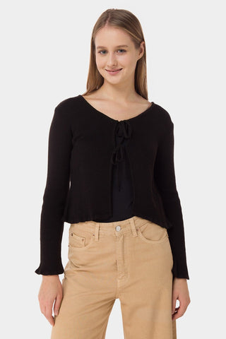 Ribbed Cardigan Top With Drawstring