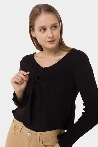 Ribbed Cardigan Top With Drawstring