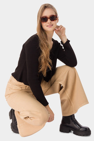 Ribbed Cardigan Top With Drawstring