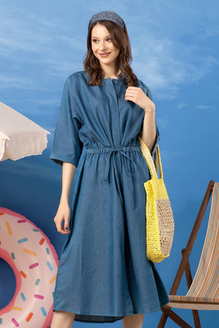 Indigo Denim Dress With Self Drawstring