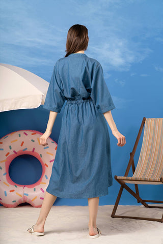 Indigo Denim Dress With Self Drawstring